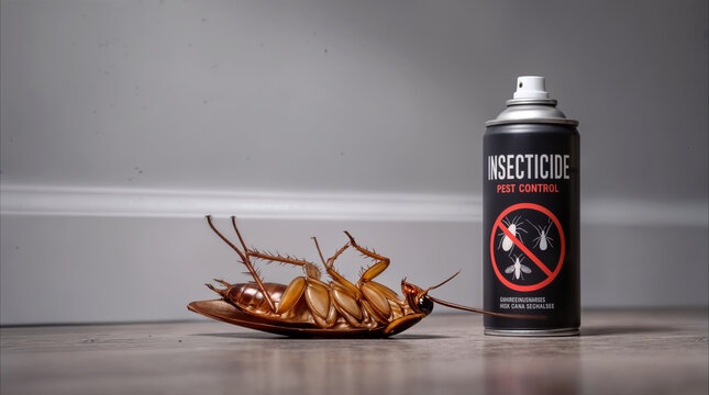 Dead cockroach lying on its back next to insecticide spray can. Pest control concept for domestic hygiene and insect infestation management.