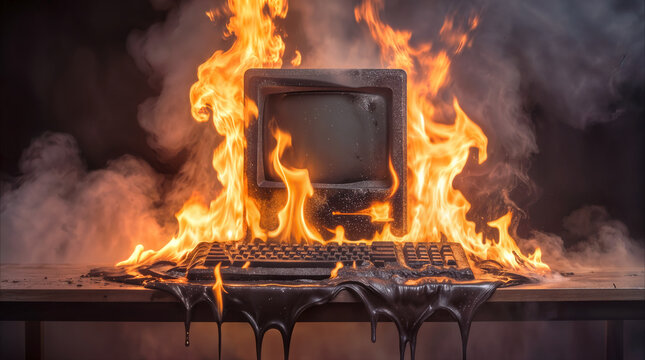 Burning vintage computer on wooden desk with thick smoke. Hardware failure and electronic fire concept.