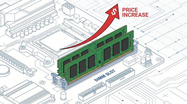Conceptual illustration showing random access memory modules installed on a computer motherboard with an arrow indicating rising costs
