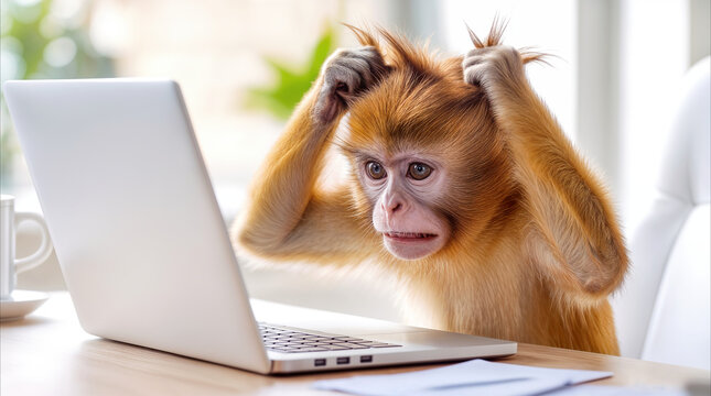 Monkey pulling hair in front of laptop screen. Frustrated animal looking at computer monitor in office setting.