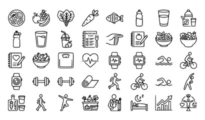Fototapeta premium Health and Fitness Nutrition Line Icons with Healthy Food Exercise Wellness and Active Lifestyle