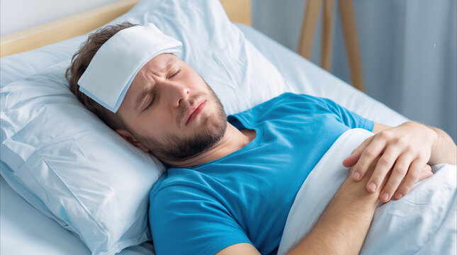 Ill man resting in bed with cold compress on forehead. Patient suffering from fever or migraine during home recovery.