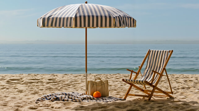 A beach chair and umbrella on a sandy beach next to the ocean
