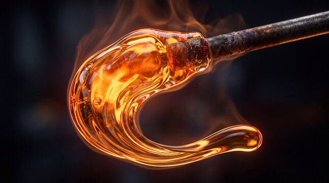 Molten glass glowing bright orange while being shaped by a metal rod in a hot furnace, perfect for illustrating traditional craft, industrial manufacturing processes, and creative work.