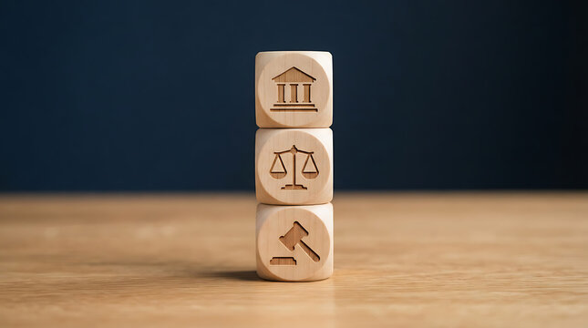 Stacked Wooden Blocks with Law Symbols Representing Justice, Court, and Legal System