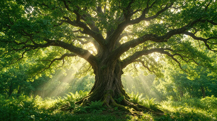 Fototapeta premium Ancient oak tree with spreading branches in sunlit forest. Sunlight filtering through green leaves creating dramatic light rays in woodland ecosystem.