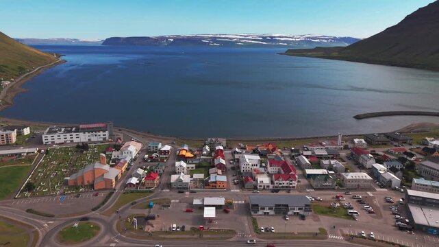 Drone view of Isafjordur, scenic town and port in Westfjord region of Iceland