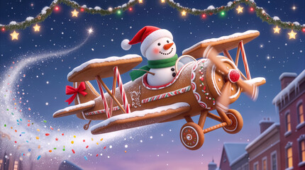 Obraz premium Christmas snowman flying a gingerbread biplane over a snowy village. Holiday fantasy scene with festive decorations and candy trails.