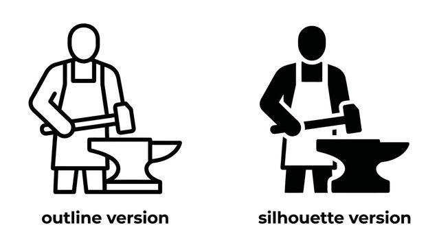 Blacksmith Icon Set: A graphic set depicting a blacksmith at work, featuring both an outline and a silhouette version of the craftsman hammering metal on an anvil.