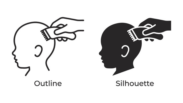 Haircut Illustration: Two distinct illustrations of a haircut, one as an outline and the other as a silhouette, depicting the action of trimming hair with clippers.