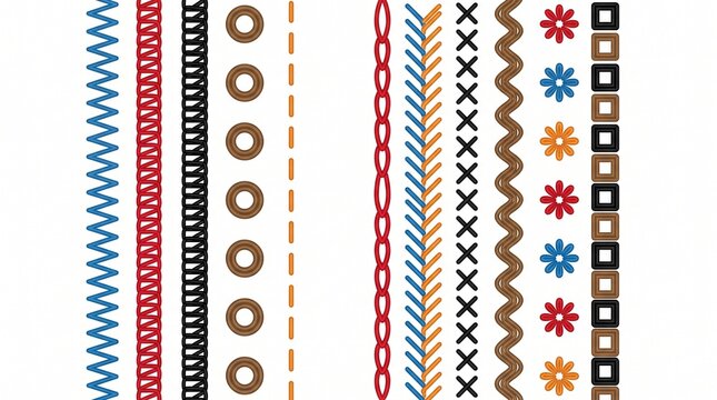 Set of decorative colorful sewing machine stitches brushes and patterns on white background