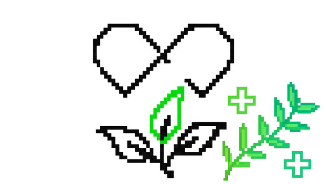 Infinity heart with leaves and medical cross symbols pixel art vector illustration