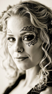 A woman with a black and white photo of her face painted with a floral design