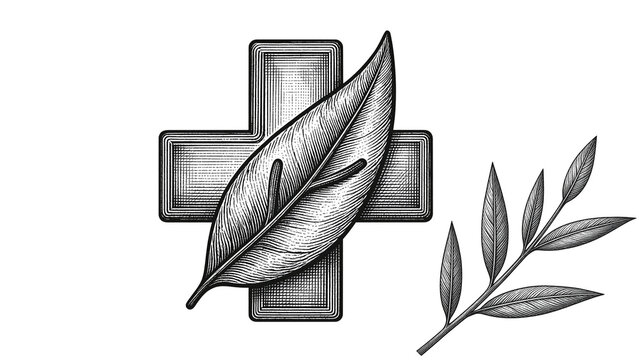 Medical cross with green leaf and botanical branch engraving style vector illustration