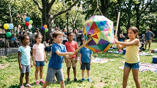 Diverse group of happy children playing with a pinata at a park party