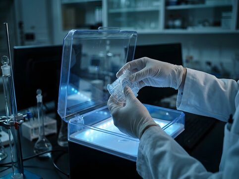 Scientist Hands Placing Cell Culture Plate on UV Transilluminator in Dark Medical Laboratory Studio