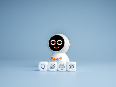 Friendly cute AI assistant robot with business automation icons. Chatbot, virtual assistant, AI agent, customer support, workflow automation, digital productivity, and intelligent business technology.