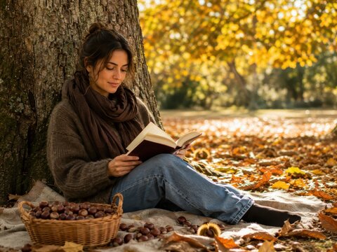 Junge Frau liest im herbstlichen Park in Spanien unter einem gro&szlig;en Baum, umgeben von Laub und Kastanien. Ruhiges Reisebild voller W&auml;rme, Entspannung und goldener Herbststimmung.