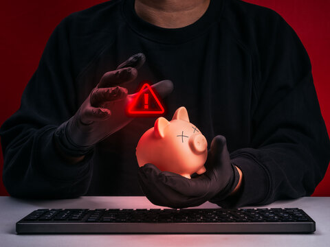 Scammer or hacker stealing victim's savings through financial fraud, cybercrime, online banking fraud, investment scam, identity theft, money theft, digital fraud, and financial security threats.