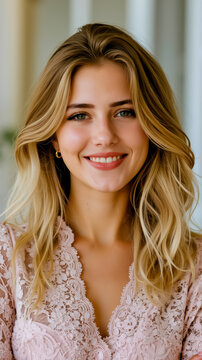 A woman in a pink dress smiling at the camera