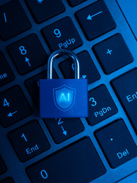 AI security concept featuring blue padlock on computer keyboard. Artificial intelligence protection, AI governance, data privacy, cybersecurity, secure infrastructure, trust, and digital safety.