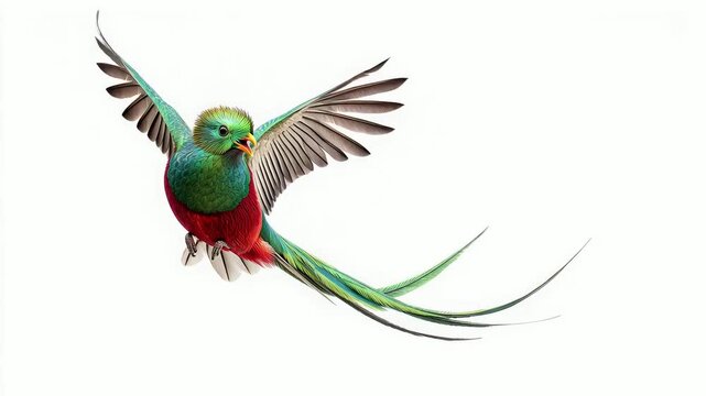 resplendent quetzal flying with long tail isolated on white background