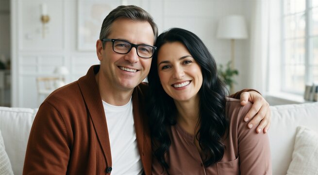Happy couple embracing on a couch, symbolizing active aging and modern living with technology support.
