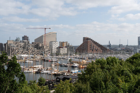 Harbor marina with yachts and city buildings in daylight