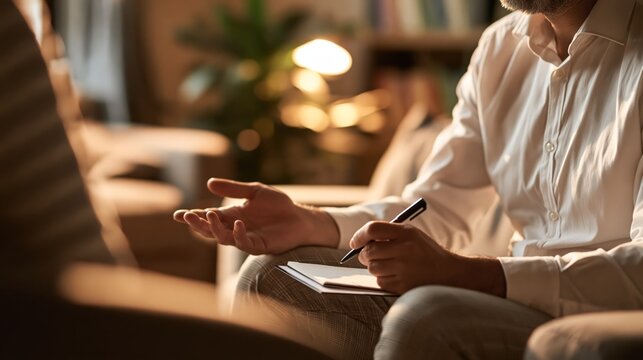 Clinical psychologist in a listening posture taking notes during a patient therapy session. Concept of psychotherapy consultation.