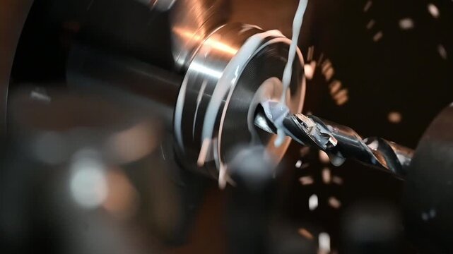 Slow motion footage of hole making process on lathe machine using drill bit with liquid coolant