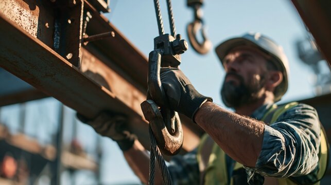 Crane rigger attaching a wire sling to a steel beam on a construction site. Concept of crane rigging procedure.
