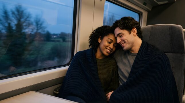 Happy multiethnic couple cuddling under a blanket on a train at night