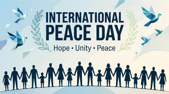 Diverse group of people holding hands together for international peace day celebration with flying white doves