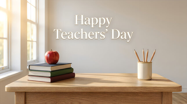 Happy teachers day still life with apple books and pencils