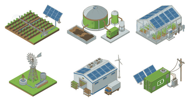 Collection of Isometric Illustrations Depicting Renewable Energy Sources and Sustainable Technologies.