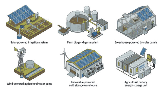 Illustrations of various renewable energy systems used in agriculture and industry.