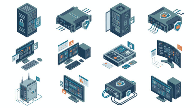 Collection of isometric illustrations representing computer servers, data centers, and cybersecurity concepts.