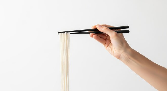 Female Hand Holding Black Chopsticks with Long Thin White Noodles Isolated on White Background