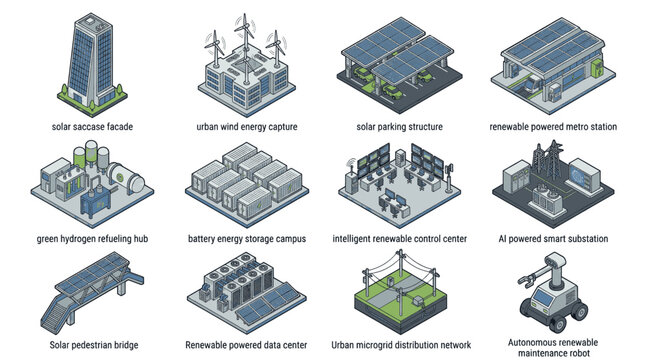 Isometric illustration of sustainable energy technologies and infrastructure for a smart city.