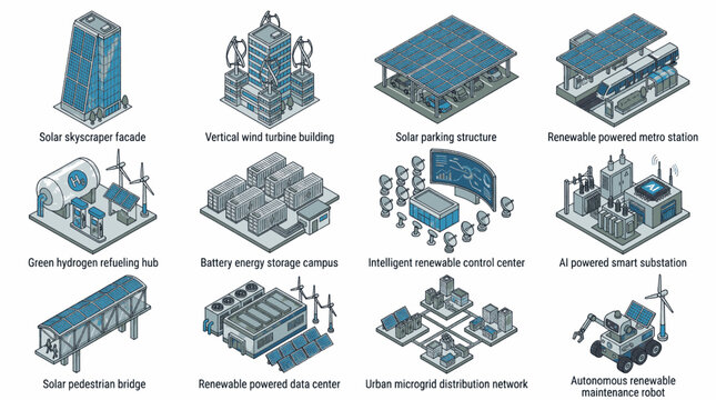 Isometric illustrations of futuristic renewable energy infrastructure and smart city concepts.