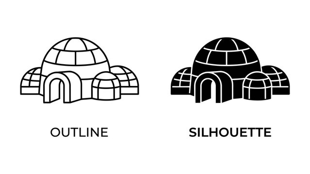 Igloo Outline and Silhouette: A clear representation of an igloo structure, presented in both outline and silhouette form, showcasing its unique dome shape and surrounding smaller units.