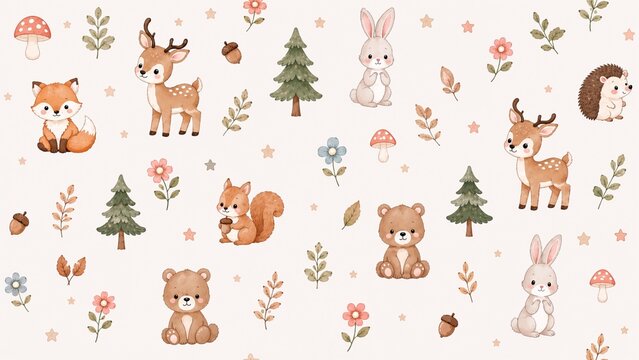 Airy seamless kids pattern with woodland animals, trees, mushrooms, flowers and acorns on a light background for wallpaper, textiles and nursery decor.