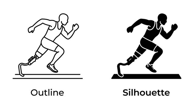 Paralympic Sprinter Icon: An outline and silhouette graphic of a Paralympic athlete in motion, showcasing determination and athletic prowess with a prosthetic leg on a running track.