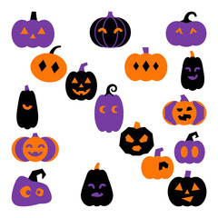 Fototapeta premium Assorted halloween pumpkins in orange purple and black vector illustration