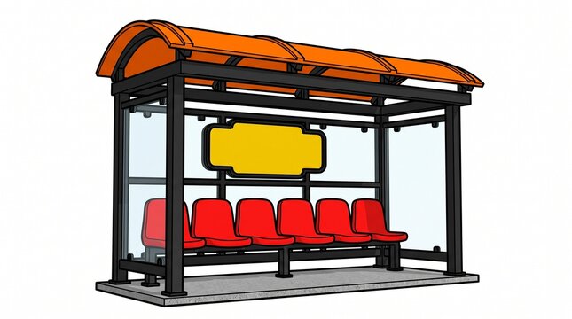 Modern bus shelter with orange roof and red seats for urban public transportation design.
