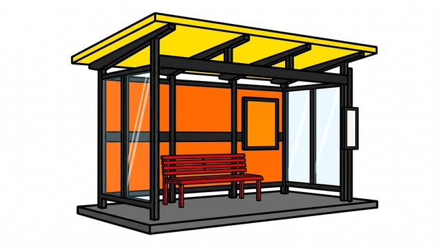 Modern public bus stop shelter with a bench and orange walls on a white background