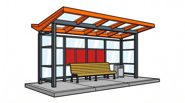 Modern bus stop shelter with orange roof and wooden bench for urban public transportation.