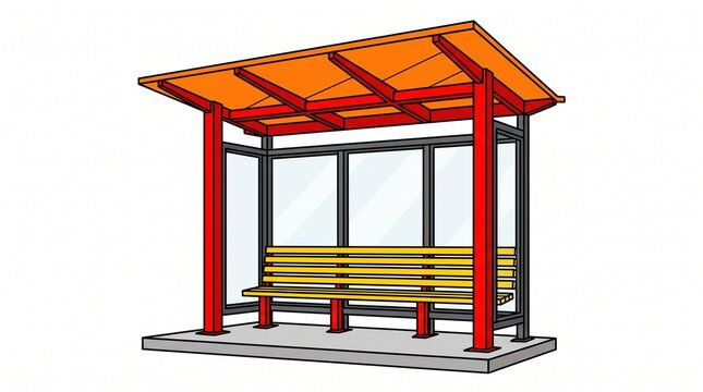 Modern bus stop shelter with orange roof and wooden bench for urban public transportation.