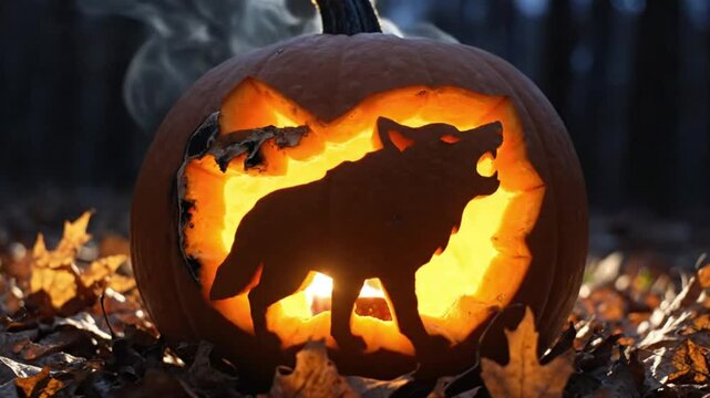 Carved Halloween pumpkin with howling wolf silhouette and rising smoke