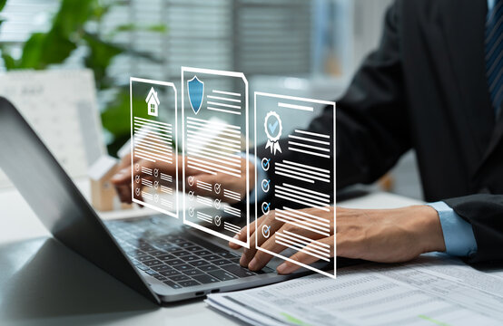 Businessman reviewing digital property documents, insurance protection, compliance checklist and certified real estate records on laptop for secure contract management and approval.